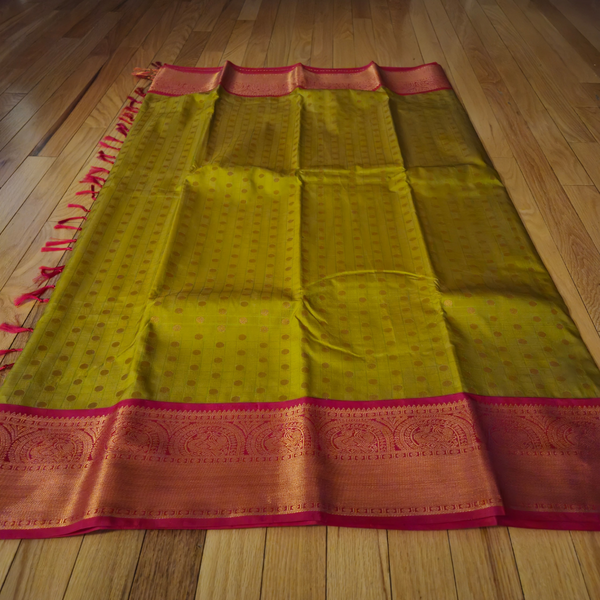 Premium Kanji Silk Saree – Lime Green with Rich Pink Zari Border