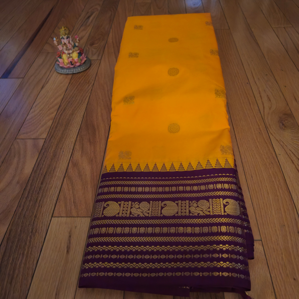 Premium Kanji Silk Saree – Mustard Yellow with Maroon Zari Border