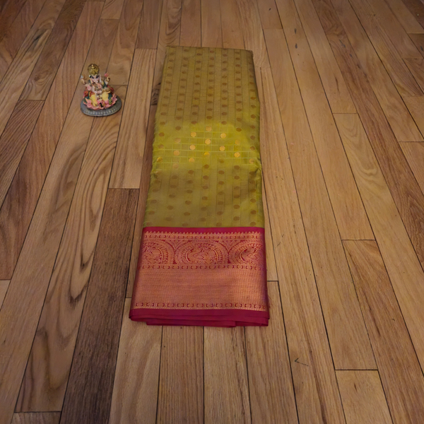 Premium Kanji Silk Saree – Lime Green with Rich Pink Zari Border