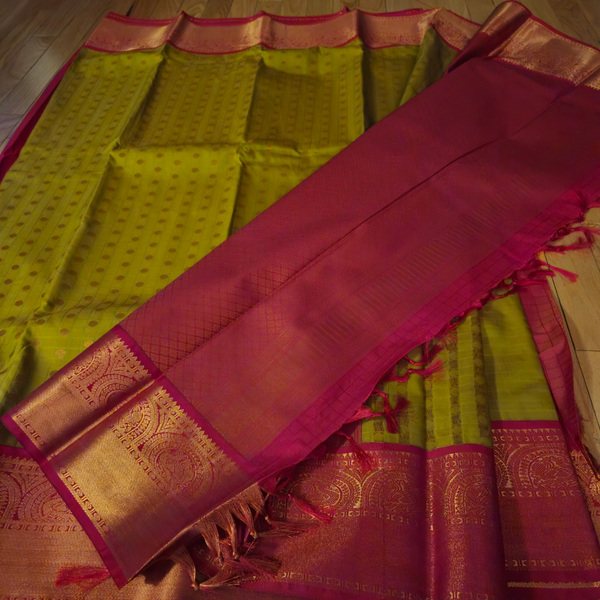 Premium Kanji Silk Saree – Lime Green with Rich Pink Zari Border