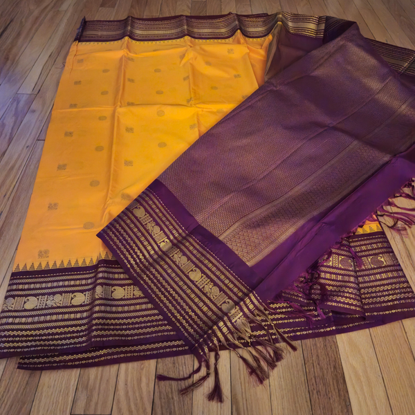 Premium Kanji Silk Saree – Mustard Yellow with Maroon Zari Border