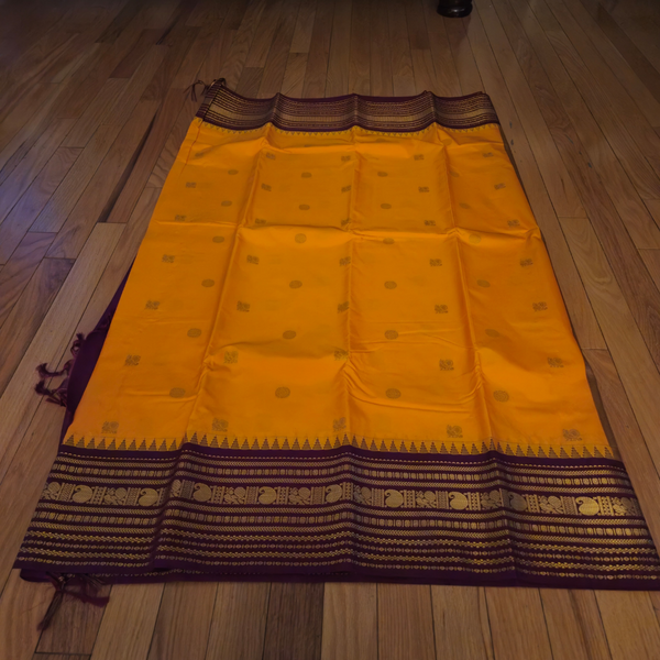 Premium Kanji Silk Saree – Mustard Yellow with Maroon Zari Border