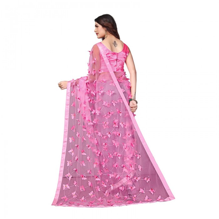  Women's Net Embroidery Saree - Pink