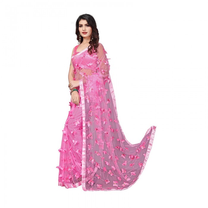  Women's Net Embroidery Saree - Pink
